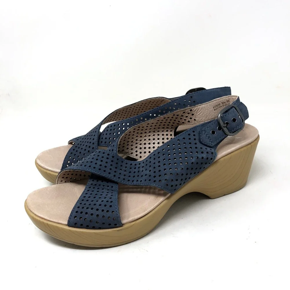 Dansko Womens 40 Jacinda Sandals Blue Perforated Leather Wedge Slingback